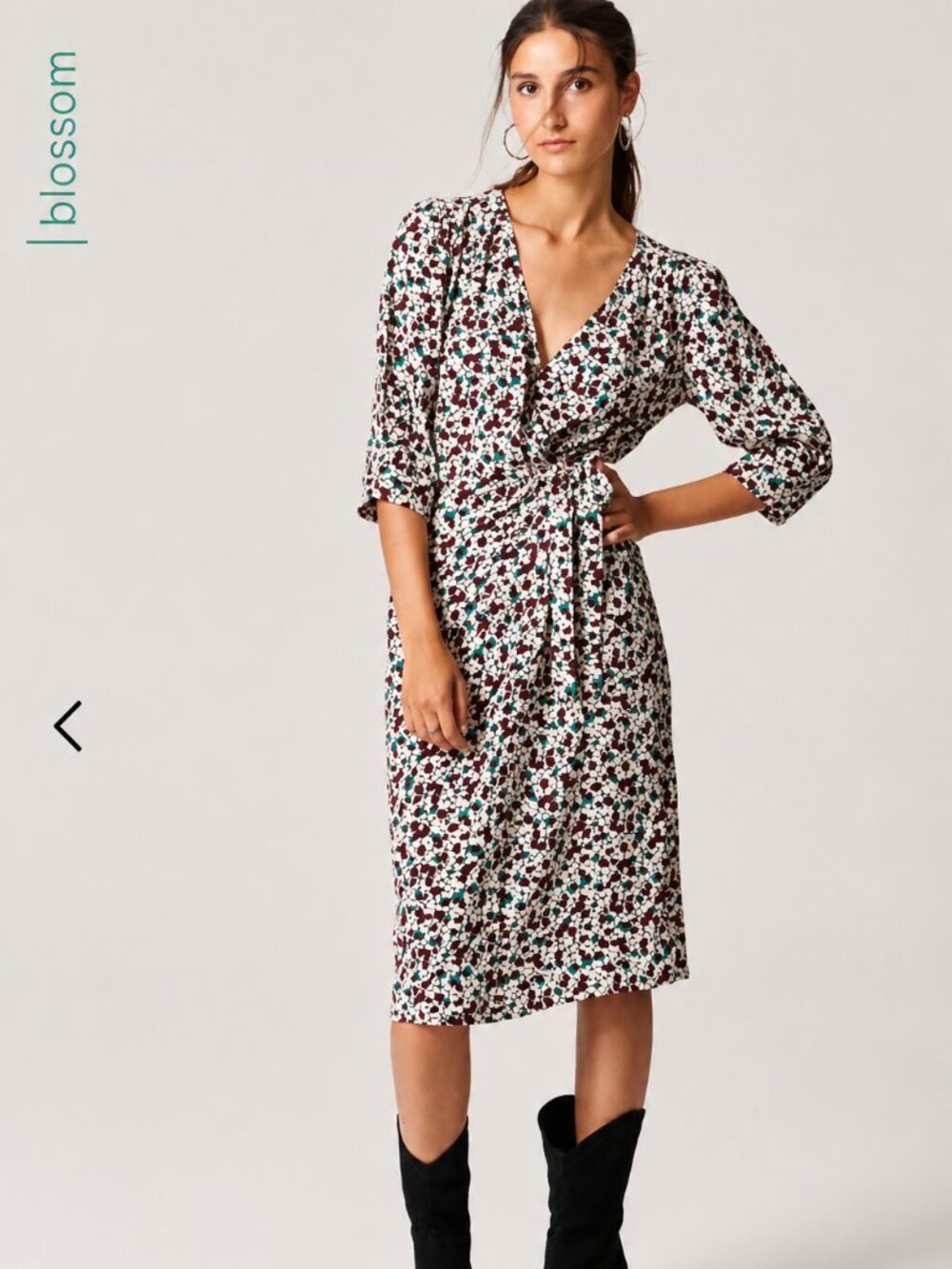 BA&SH Elen Floral Wrap Midi Dress Burgundy Ivory Teal 3/4 Sleeve French Chic